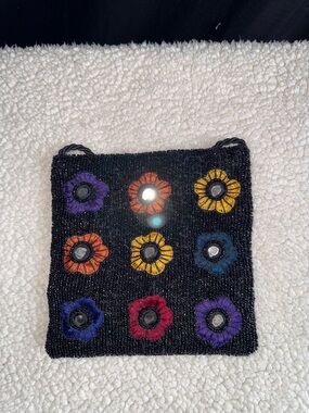 Black Beaded Crossbody with Colorful Flower Motifs